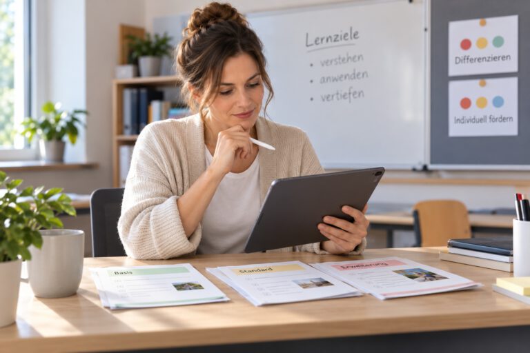 Lehrerin nutzt ein Tablet zur Vorbereitung differenzierter und sprachsensibler Unterrichtsmaterialien.