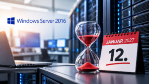 Windows Server 2016: Das Support-Ende am 12. Januar 2027 wird durch eine Sanduhr und einen Kalender vor einer modernen Serverinfrastruktur symbolisiert.