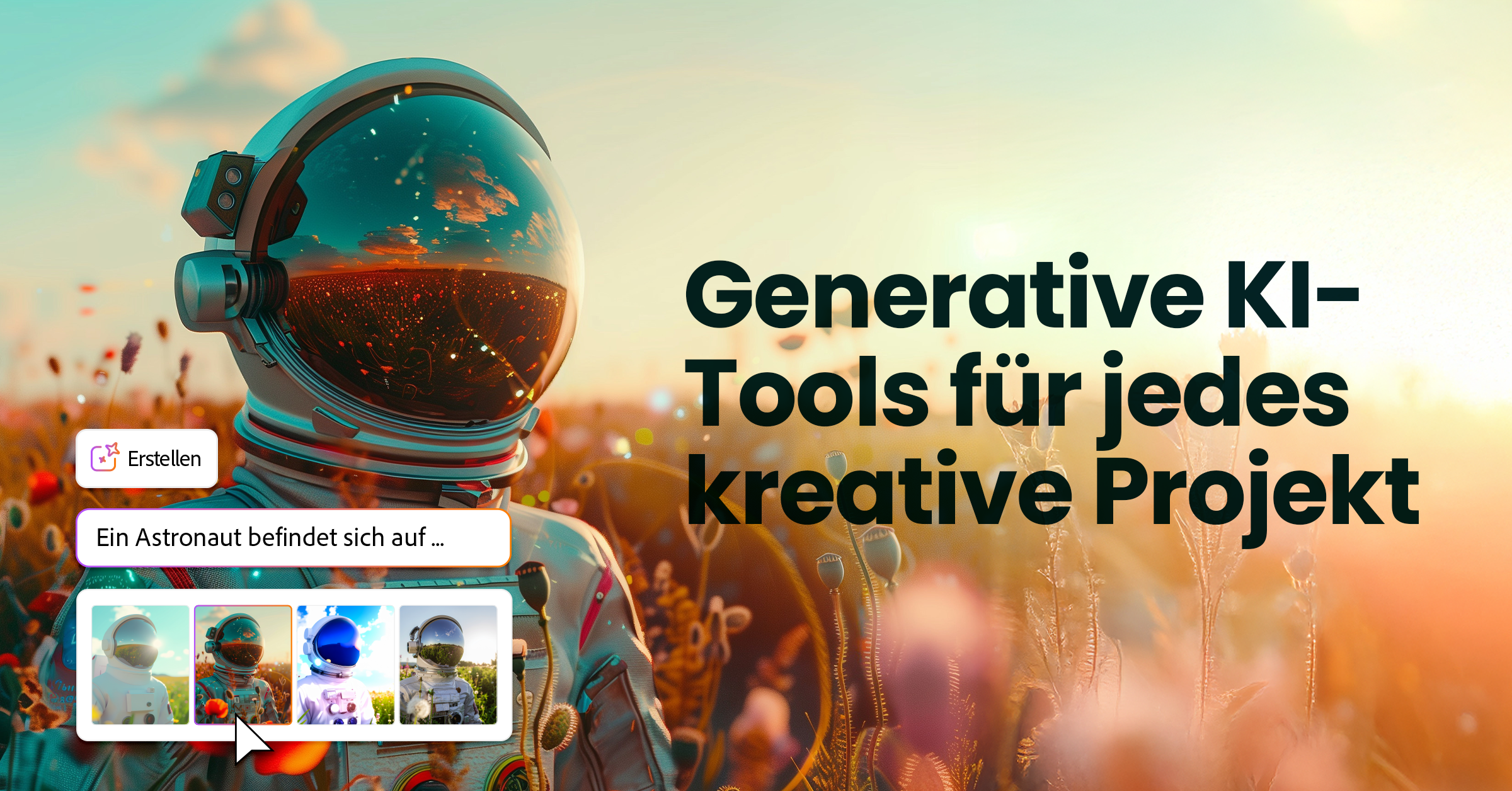 Astronaut steht in einer farbenfrohen Landschaft, während auf einem Interface verschiedene KI-generierte Bildvarianten ausgewählt werden – Darstellung von generativer KI für kreative Projekte.