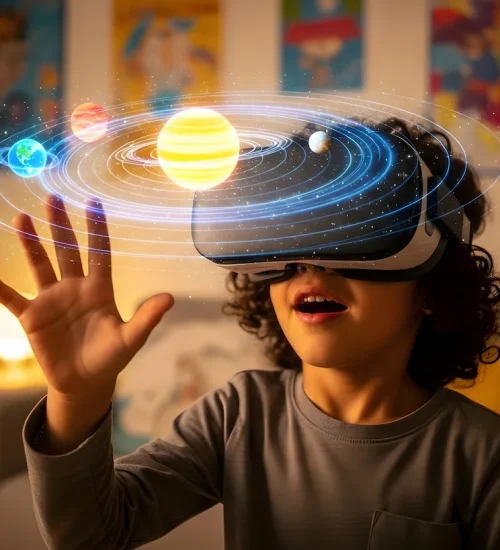 Schüler mit VR Brille visualisiert unser Sonnensystem